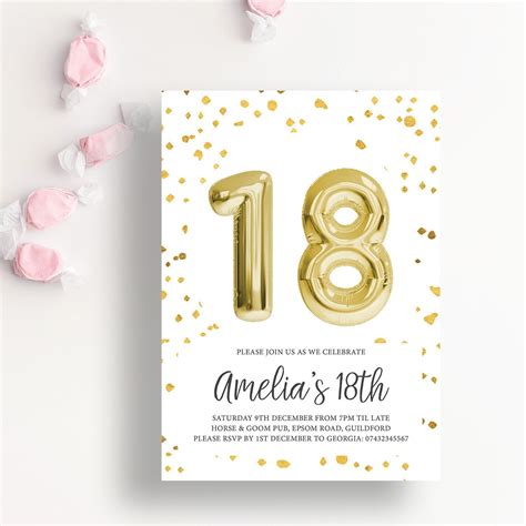 18th Birthday Printable Invitation Gold Balloon Instant Etsy Uk