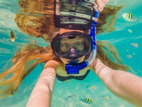 Happy Young Woman Swimming Underwater In The Tropical Ocean Stock Image Image Of Happy Summer