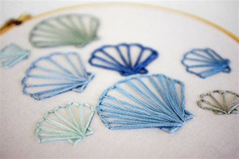 Embroidered Scallop Seashells In Ocean Blue Moss Green And Sky Blue