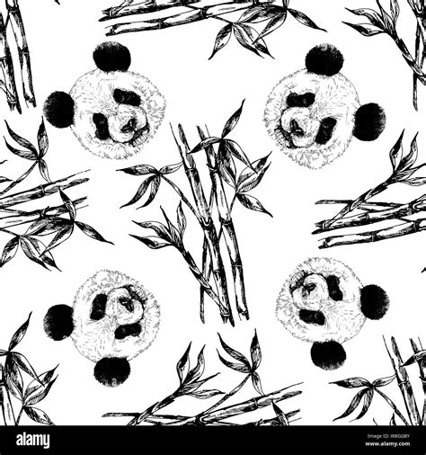 Seamless Pattern Of Hand Drawn Sketch Style Pandas And Bamboo Stems