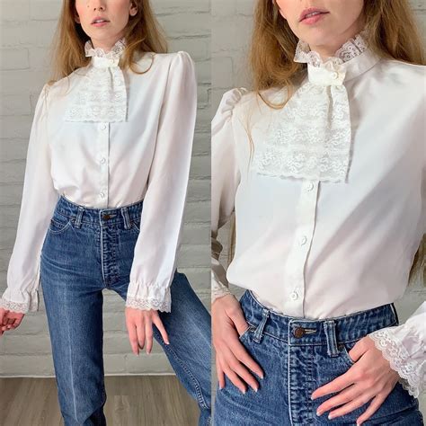 vintage 1980s blouse ruffle collar button front 80s shirt etsy