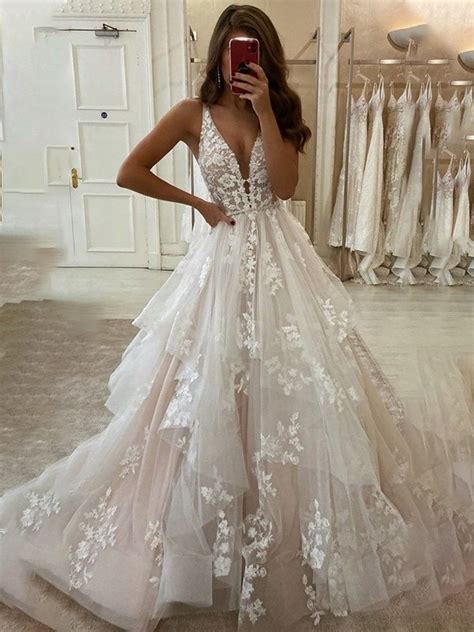 A Line Princess Tulle V Neck Sleeveless Applique Sweep Brush Train Wedding Dresses Promlily Online