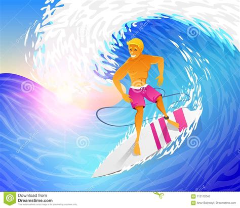 Guida Del Surfista Sull Onda Di Oceano Blu Con Il Surf Uomo Muscolare Il Fine Settimana Giovane
