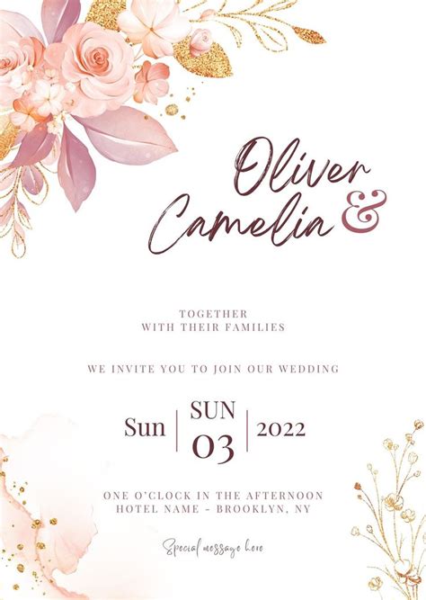 An Elegant Wedding Card With Flowers And Leaves