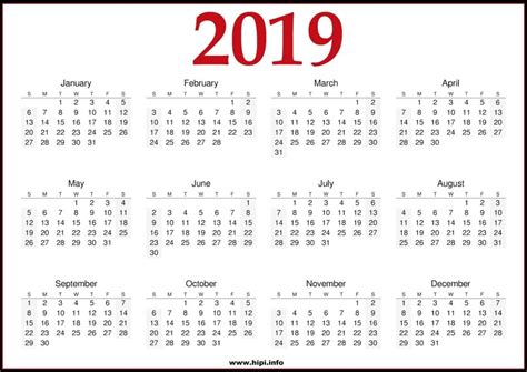 2019 Calendar Printable One Page Printable Calendar Free