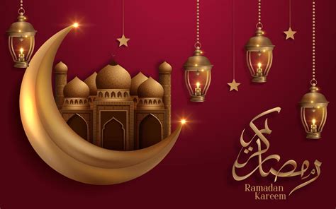 Ramadan Kareem Golden Moon and Mosque on Red Design 999448 Vector Art ...