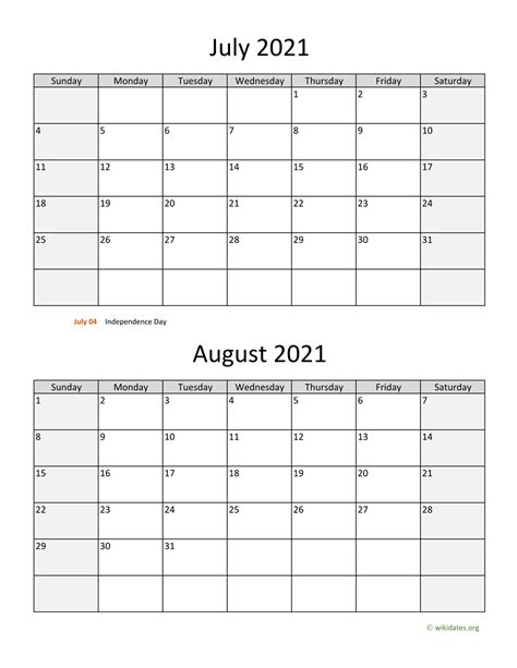 July And August 2021 Calendar