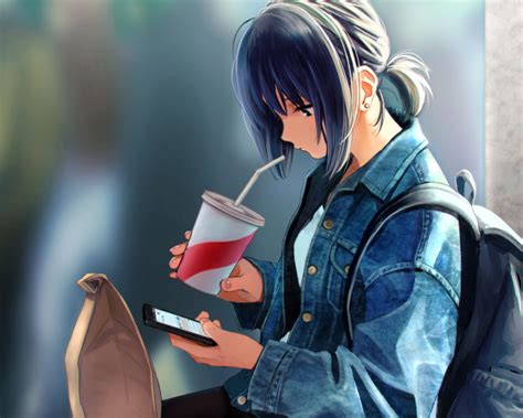 Wallpaper Anime Girl Drinking Smartphone Slice Of Life