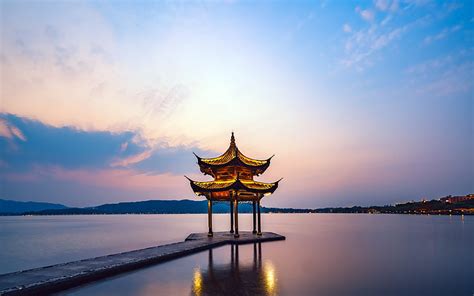 Hd Wallpaper Hangzhou West Lake Tourism Sunset Rest Pavilion Water