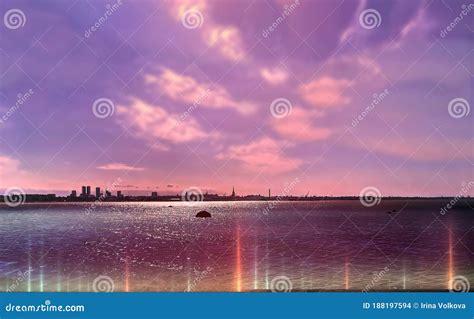 Blue Pink Lilac Sunset On Dark Sea Water Wave City Light Reflection