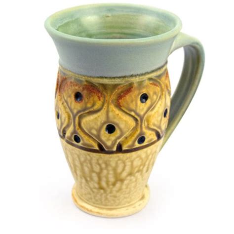 Classic Hand Carved Pottery Mug With Diamond Tuft Pattern Carved