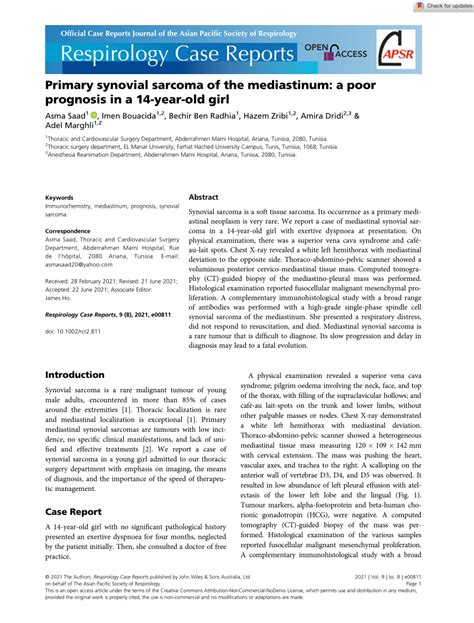 Pdf Primary Synovial Sarcoma Of The Mediastinum A Poor Prognosis In