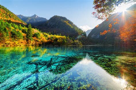 Scenic View Of The Five Flower Lake Among Woods And Mountains Stock