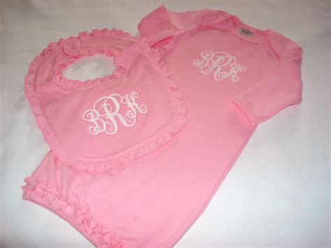 Baby Monogrammed Gown And Bib Available In Pink With Rufflesor Blue