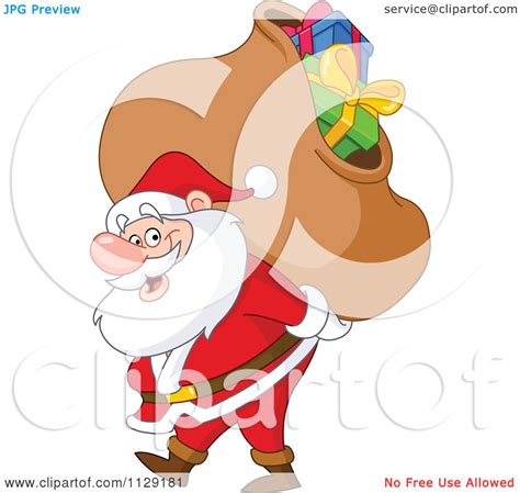 Cartoon Of Santa Carrying A Heavy Bag Of Christmas Presents Royalty