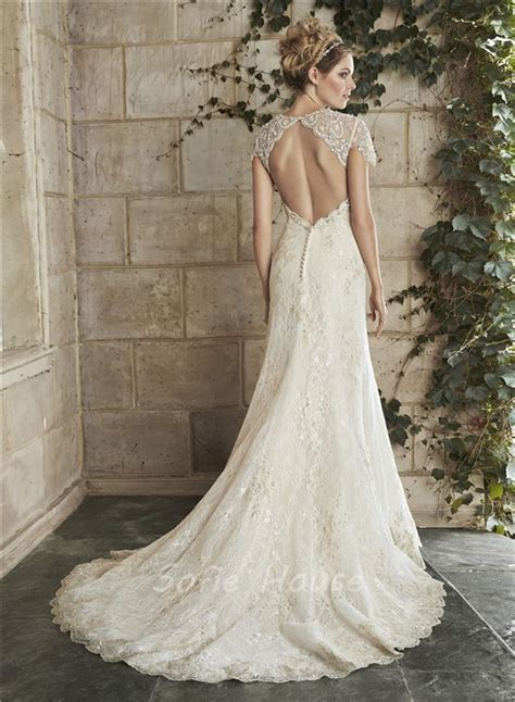 Sexy Mermaid Cap Sleeve Cut Out Backless Champagne Lace Beaded Wedding