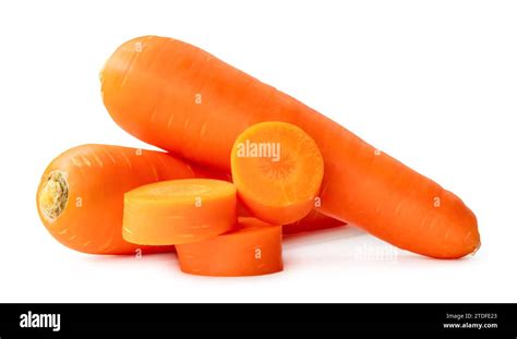 Two Fresh Orange Carrots With Slices In Stack Are Isolated On White