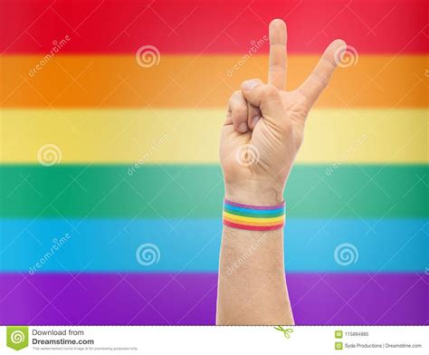Hand With Gay Pride Rainbow Wristband Make Peace Stock Image Image Of