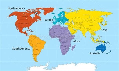 Mapa Del Mundo Dividido En Seis Continentes En Diferentes Colores