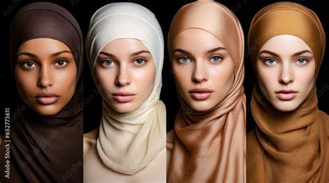 four muslim women in hijabs with different color skin and perfect skin tones are posing for a