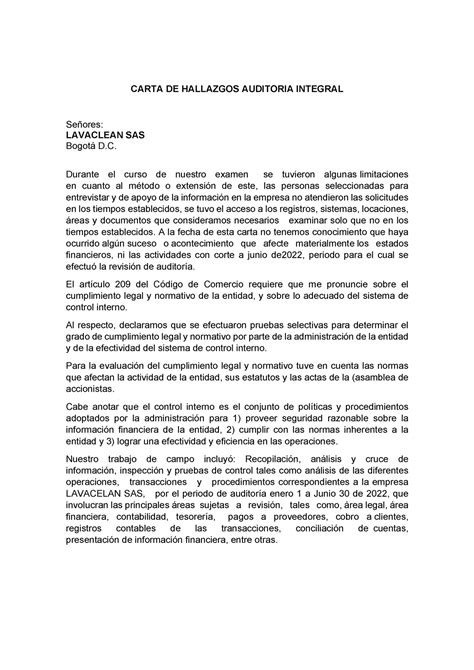 Carta De Hallazgos Auditoria Integral Carta De Hallaz