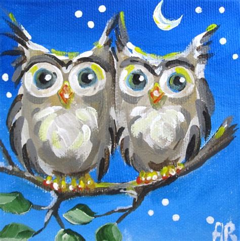 Two Night Owls On A Tree Branch Par Into The Blue Owl Painting Owl