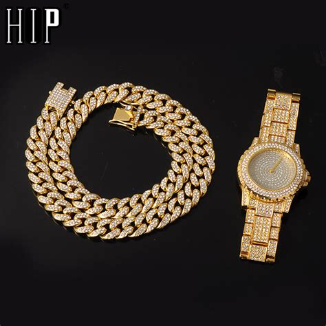 Hip Hop Necklace Watch Bracelet Full Iced Out Paved Rhinestones Miami