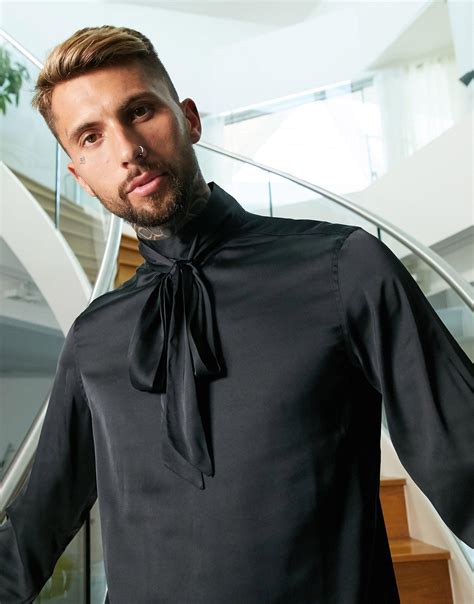 asos regular fit satin shirt with pussybow neck tie in black for men lyst