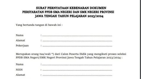 Contoh Surat Pernyataan Kebenaran Dokumen Syarat Ppdb Jateng 2023