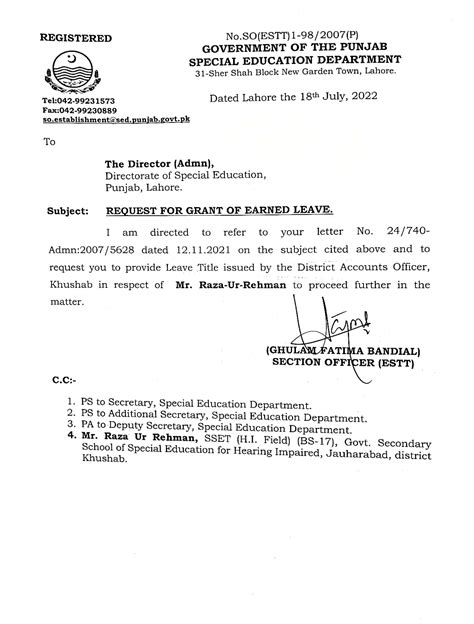 Reply Request For Earned Leave Special Education Department