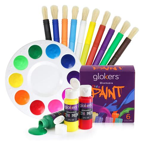 Glokers 10 Piece Kids Paint Brushes Set With Washable Paint And Palette