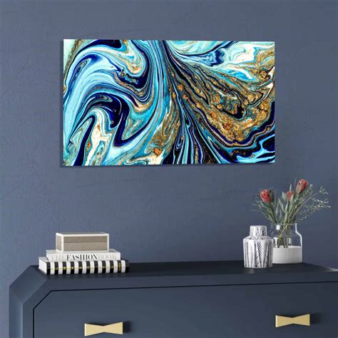 Shop Tempered Glass Art Blue And Gold Abstract Fine Wall Art Decor