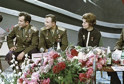 soviet cosmonauts in a tv station pavel popovich yuri gagarin and valentina tereshkova