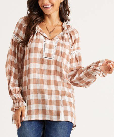 Suzanne Betro Weekend Taupe And Ivory Gingham Lace Inset Notch Neck Tunic