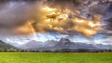 X Nature Landscape Sky Clouds Field Hill Grass Trees Rainbows Sunset Women Wallpaper