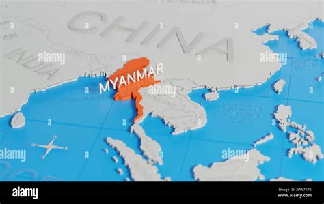 Myanmar Highlighted On A White Simplified 3d World Map Digital 3d