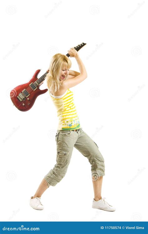 Woman Guitarist Breaking Her Guitar Stock Photo Image Of