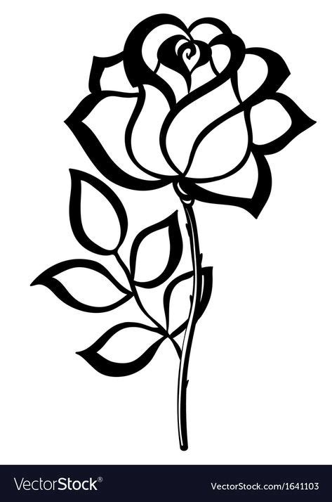 Black Silhouette Outline Rose Isolated On White Vector Image On Rose