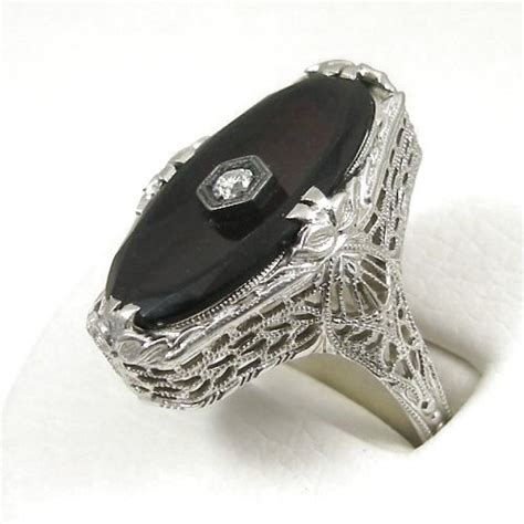 Womens Vintage Black Onyx Ring With Diamond 18k White Gold