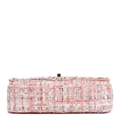 2019 Chanel Pink Tweed Fabric And Pearls Classic Single Flap Bag At