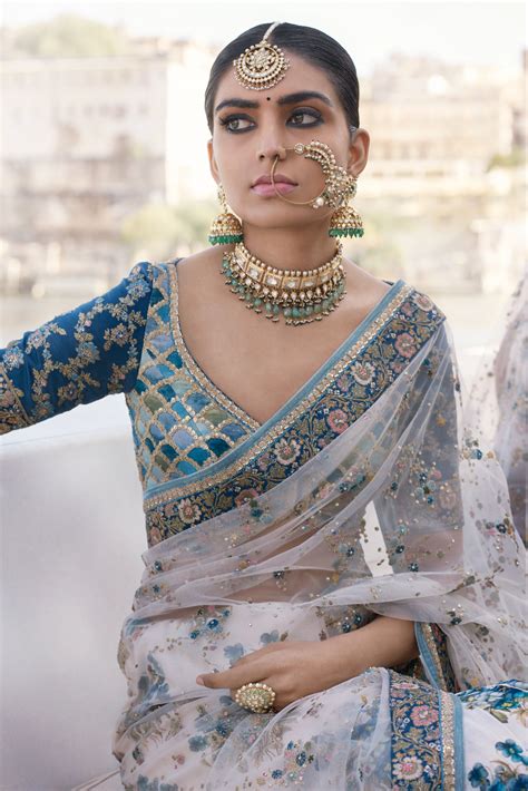 Sabyasachi Mukherjee Bridal Saree In Blue And White Bollywood Fashion