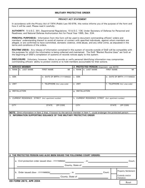 Dd Form 2873 Military Protective Order April 2004