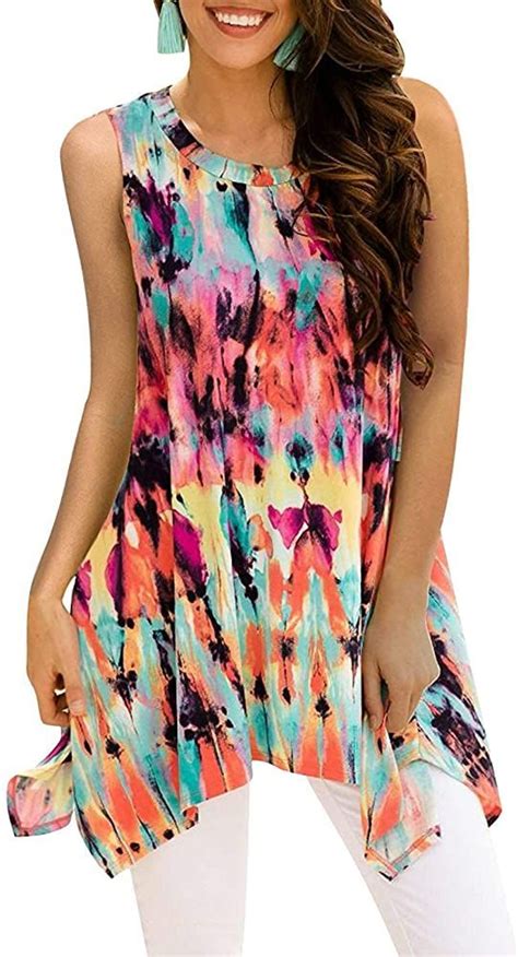 Viracy Womens Summer Sleeveless Tunics Loose Pleated Tops With