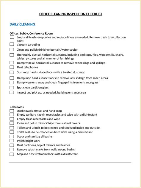 office cleaning inspection checklist template  geneevarojr