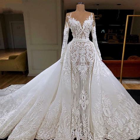 Luxury 2020 Long Sleeves Mermaid Wedding Dresses With Detachable Train Sheer Neck Vestido De