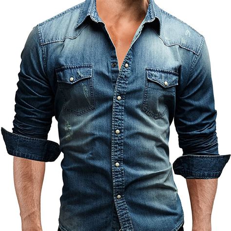 Vintage Mens Denim Shirt Chest Pockets Turn-down Collar Button-down 