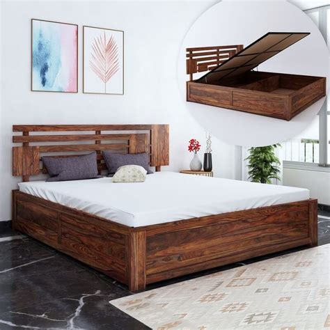Buy Borneo Sheesham Wood Queen Size Bed With Hydraulic Storage