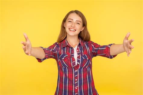 Come Into My Arms Portrait Of Sincere Happy Ginger Girl In Shirt