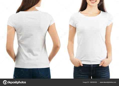 Front And Back Views Of Young Woman In Stylish T Shirt On White