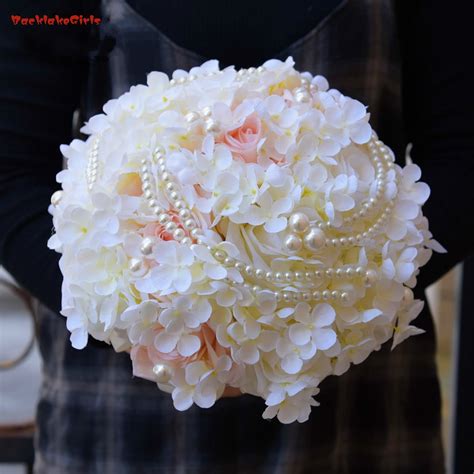 Silk Hydrangea Flower Bouquet Pearl Artificial Rose Bridal Bouquets